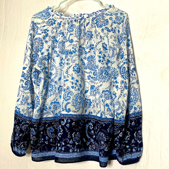 LOFT Peasant Top Women’s SP Flowing Soft & Cool EUC Blue & White Floral Bordered - Picture 6 of 9